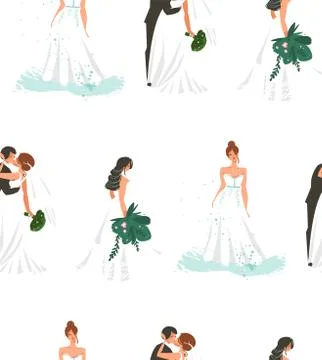 Hand drawn vector abstract cartoon wedding bridals and couple illustration Stock Illustration