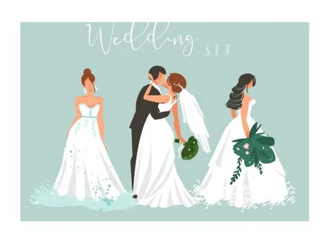 Hand drawn vector abstract cartoon wedding hugging,kissing couple and bridal Stock Illustration
