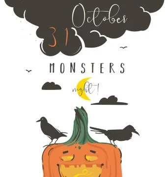 Hand drawn vector abstract cartoon Happy Halloween illustration poster with Stock Illustration
