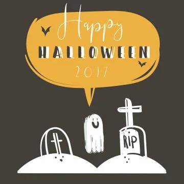 Hand drawn vector abstract cartoon Happy Halloween illustration poster with bats Stock Illustration