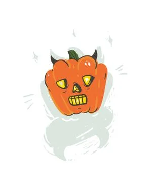 Hand drawn vector abstract cartoon Happy Halloween illustration with pumpkin Stock Illustration