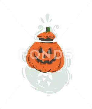 Hand drawn vector abstract cartoon Happy Halloween illustration with pumpkin Stock Illustration