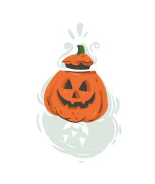 Hand drawn vector abstract cartoon Happy Halloween illustration with pumpkin Stock Illustration
