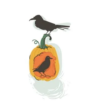 Hand drawn vector abstract cartoon Happy Halloween illustration with pumpkin Stock Illustration