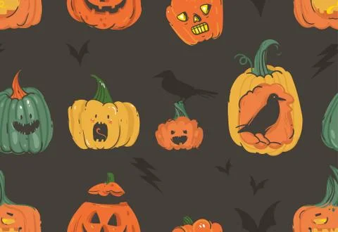 Hand drawn vector abstract cartoon Happy Halloween illustrations seamless Stock Illustration