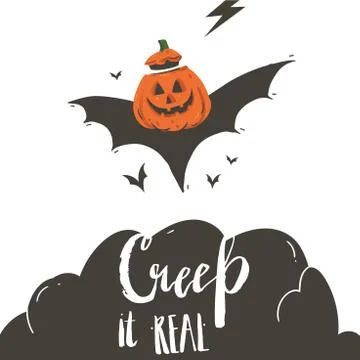 Hand drawn vector abstract cartoon Happy Halloween illustration poster with bats Stock Illustration