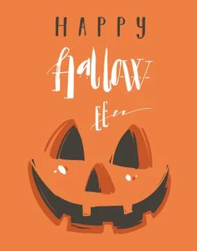 Hand drawn vector abstract cartoon Happy Halloween illustration poster with Stock Illustration