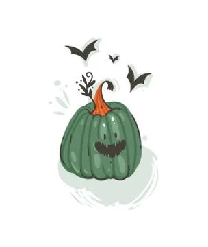 Hand drawn vector abstract cartoon Happy Halloween illustration with pumpkin Stock Illustration