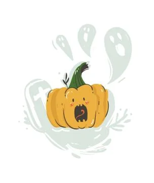 Hand drawn vector abstract cartoon Happy Halloween illustration with pumpkin Stock Illustration