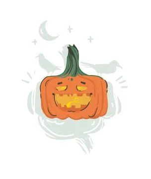 Hand drawn vector abstract cartoon Happy Halloween illustration with pumpkin Stock Illustration