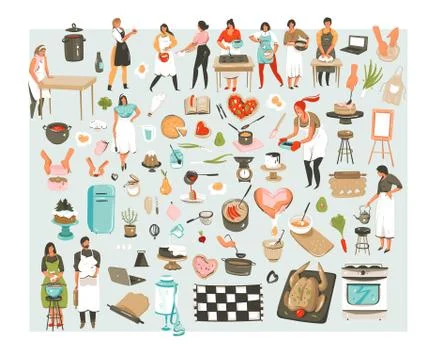 Hand drawn vector abstract cartoon cooking class illustrations icons collection イラスト素材