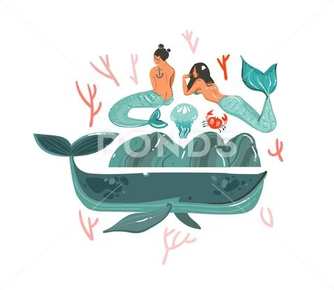 Hand drawn vector abstract cartoon graphic summer time underwater illustrations Stock Illustration