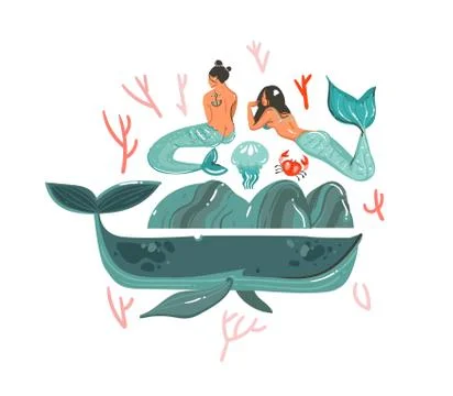 Hand drawn vector abstract cartoon graphic summer time underwater illustrations Stock Illustration