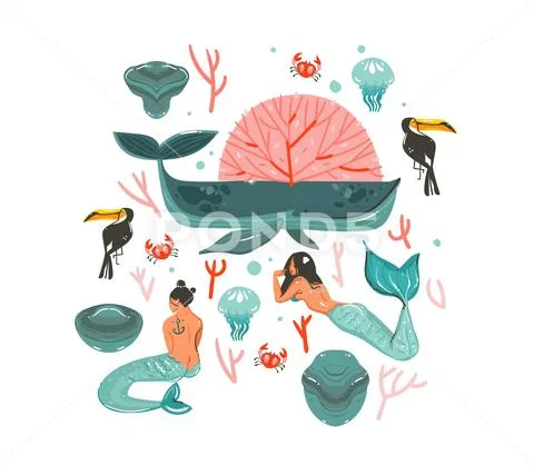 Hand drawn vector abstract cartoon graphic summer time underwater illustrations Stock Illustration