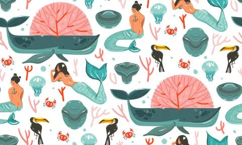 Hand drawn vector abstract cartoon graphic summer time underwater illustrations Stock Illustration