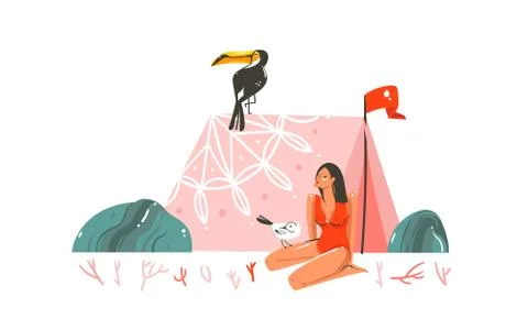 Hand drawn vector abstract cartoon graphic summer time illustrations with tent Stock Illustration