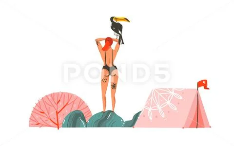 Hand drawn vector abstract cartoon graphic summer time illustrations with tent Stock Illustration