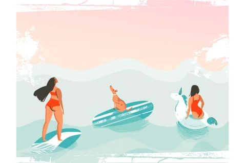 Hand drawn vector abstract cartoon graphic summer time funny illustrations Stock Illustration