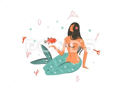 Hand drawn vector abstract cartoon graphic summer time underwater illustrations Stock Illustration