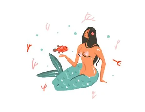 Hand drawn vector abstract cartoon graphic summer time underwater illustrations Stock Illustration