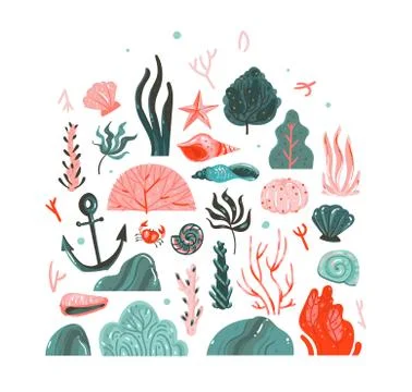 Hand drawn vector abstract cartoon graphic summer time underwater illustrations Illustrazione stock