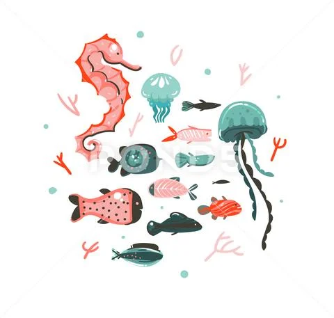 Hand drawn vector abstract cartoon graphic summer time underwater illustrations Stock Illustration