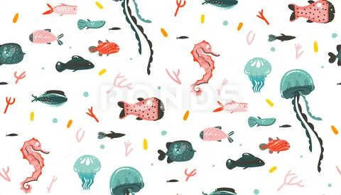 Hand drawn vector abstract cartoon graphic summer time underwater illustrations Stock Illustration