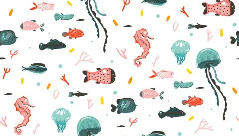 Hand drawn vector abstract cartoon graphic summer time underwater illustrations Stock Illustration