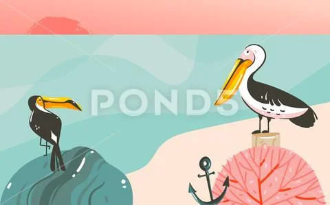 Hand drawn vector abstract cartoon summer time graphic illustrations art Stock Illustration