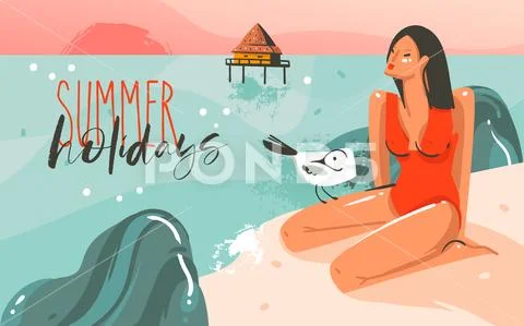 Hand drawn vector abstract cartoon summer time graphic illustrations art Stock Illustration