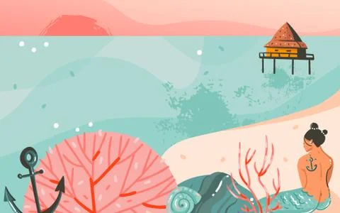 Hand drawn vector abstract cartoon summer time graphic illustrations art Stock Illustration