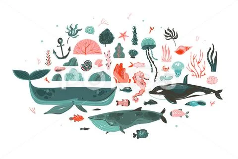 Hand drawn vector abstract cartoon graphic underwater world big illustrations Stock Illustration