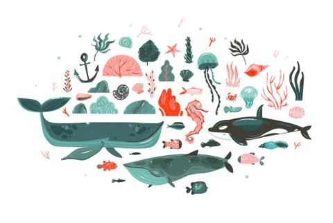 Hand drawn vector abstract cartoon graphic underwater world big illustrations Stock Illustration