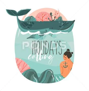 Hand drawn vector abstract cartoon summer time graphic illustrations art Stock Illustration