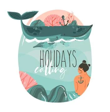 Hand drawn vector abstract cartoon summer time graphic illustrations art Stock Illustration