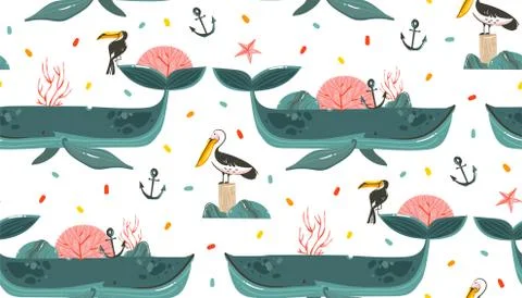 Hand drawn vector abstract cartoon graphic summer time beach scene ocean bottom Illustrazione stock