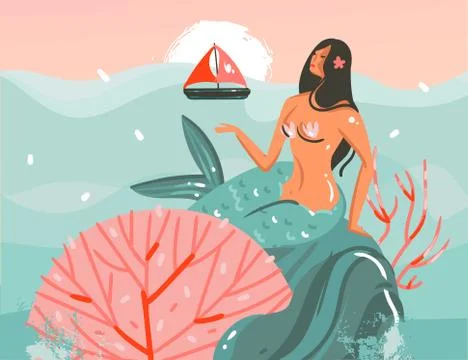 Hand drawn vector abstract cartoon summer time graphic underwater illustrations Stock Illustration