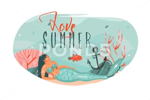 Hand drawn vector abstract cartoon summer time graphic underwater illustrations Stock Illustration