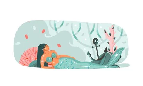 Hand drawn vector abstract cartoon summer time graphic underwater illustrations Stock Illustration
