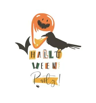 Hand drawn vector abstract cartoon Happy Halloween illustrations party poster Stock Illustration