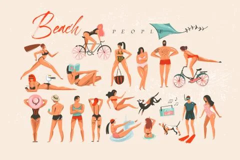 Hand drawn vector abstract cartoon summer time fun big swimming people group Stock Illustration