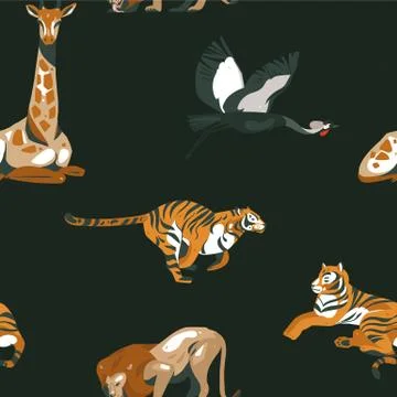 Hand drawn vector abstract cartoon modern graphic African Safari Nature Stock Illustration