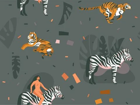 Hand drawn vector abstract cartoon modern graphic African Safari Nature concept Stock Illustration