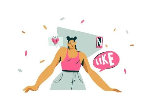 Hand drawn vector abstract cartoon modern graphic influencer girl character Stock Illustration