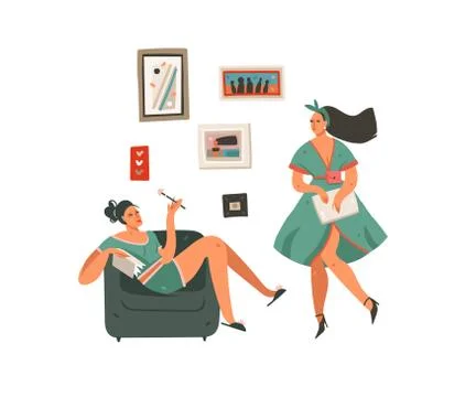 Hand drawn vector abstract cartoon modern graphic businesslady girls at home set Stock Illustration