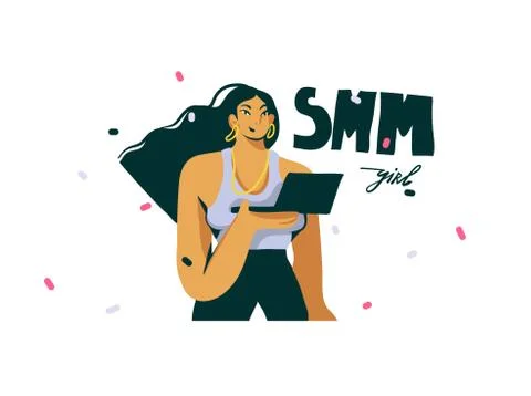 Hand drawn vector abstract cartoon modern graphic influencer smm girl character Stock Illustration