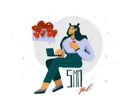 Hand drawn vector abstract cartoon modern graphic influencer smm girl character Stock Illustration