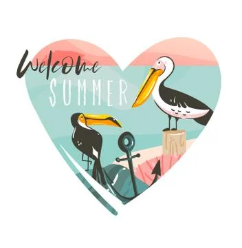 Hand drawn vector abstract cartoon summer time beach graphic illustrations Stock Illustration