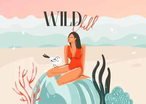 Hand drawn vector abstract cartoon summer time graphic illustrations art Stock Illustration
