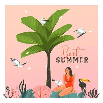 Hand drawn vector abstract cartoon summer time graphic illustration template イラスト素材